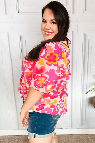 All That You Need Pink Floral Puff Sleeve V Neck Top - Sybaritic Bags & Clothing