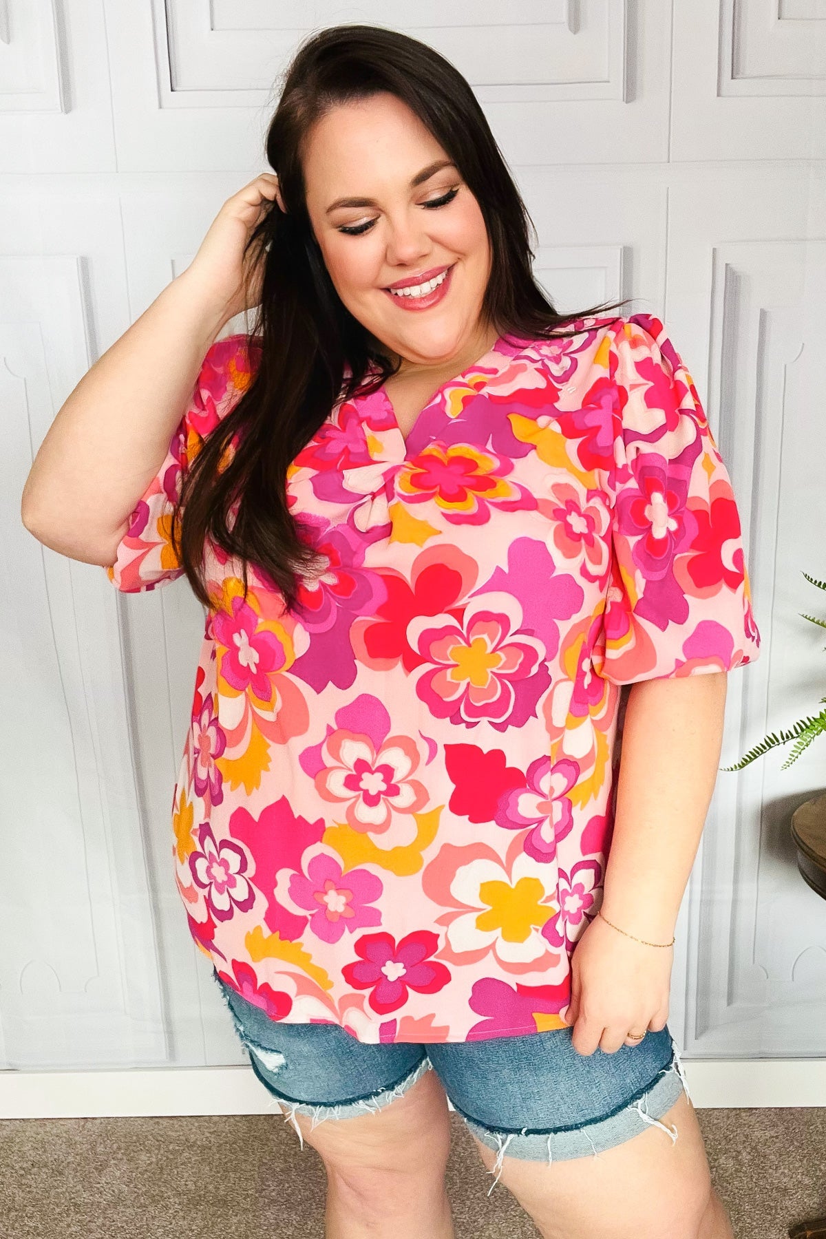 All That You Need Pink Floral Puff Sleeve V Neck Top - Sybaritic Bags & Clothing