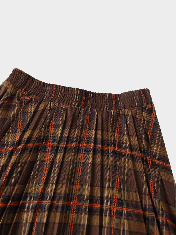 Covered Band Pleated Skirt-Brown/Orange Plaid