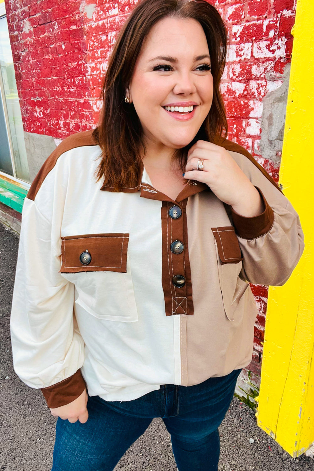 Fun Days Ahead Sepia Ivory/Taupe Color Block Button Down Pullover - Sybaritic Bags & Clothing