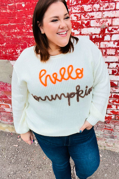 Spotlight Lurex Embroidered Neon "Hello Pumpkin" Chunky Sweater - Sybaritic Bags & Clothing