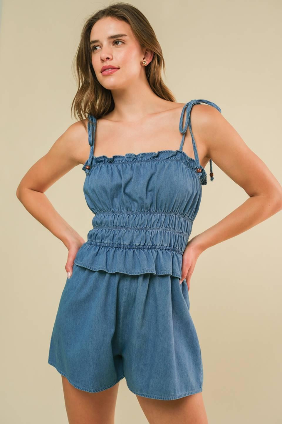 THRIVING ALL NIGHT DENIM ROMPER