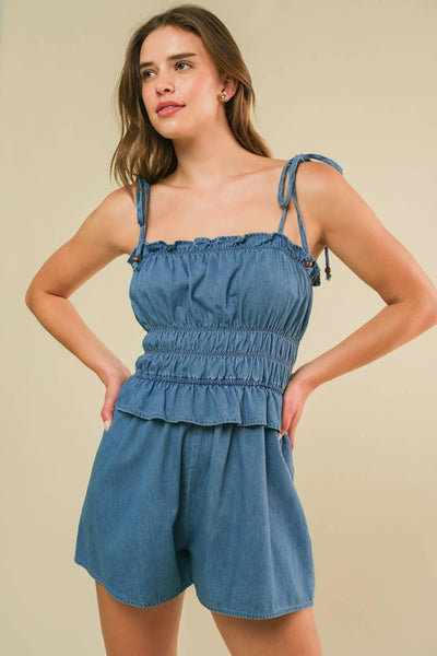 THRIVING ALL NIGHT DENIM ROMPER