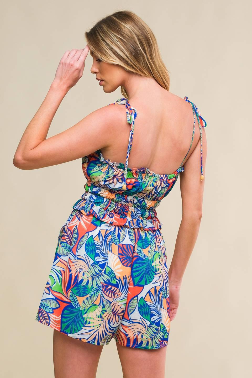 Back view of colorful Wanderlust Ash woven romper.