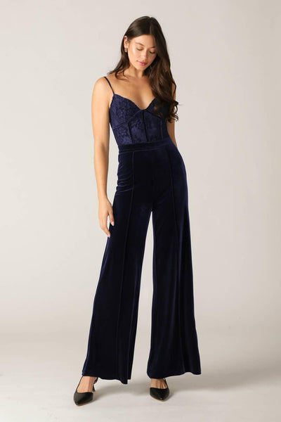 GLEAMING GLAM WOVEN LACE VELVET JUMPSUIT