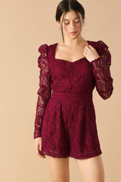 Burgundy lace woven romper with puff sleeves, front view.