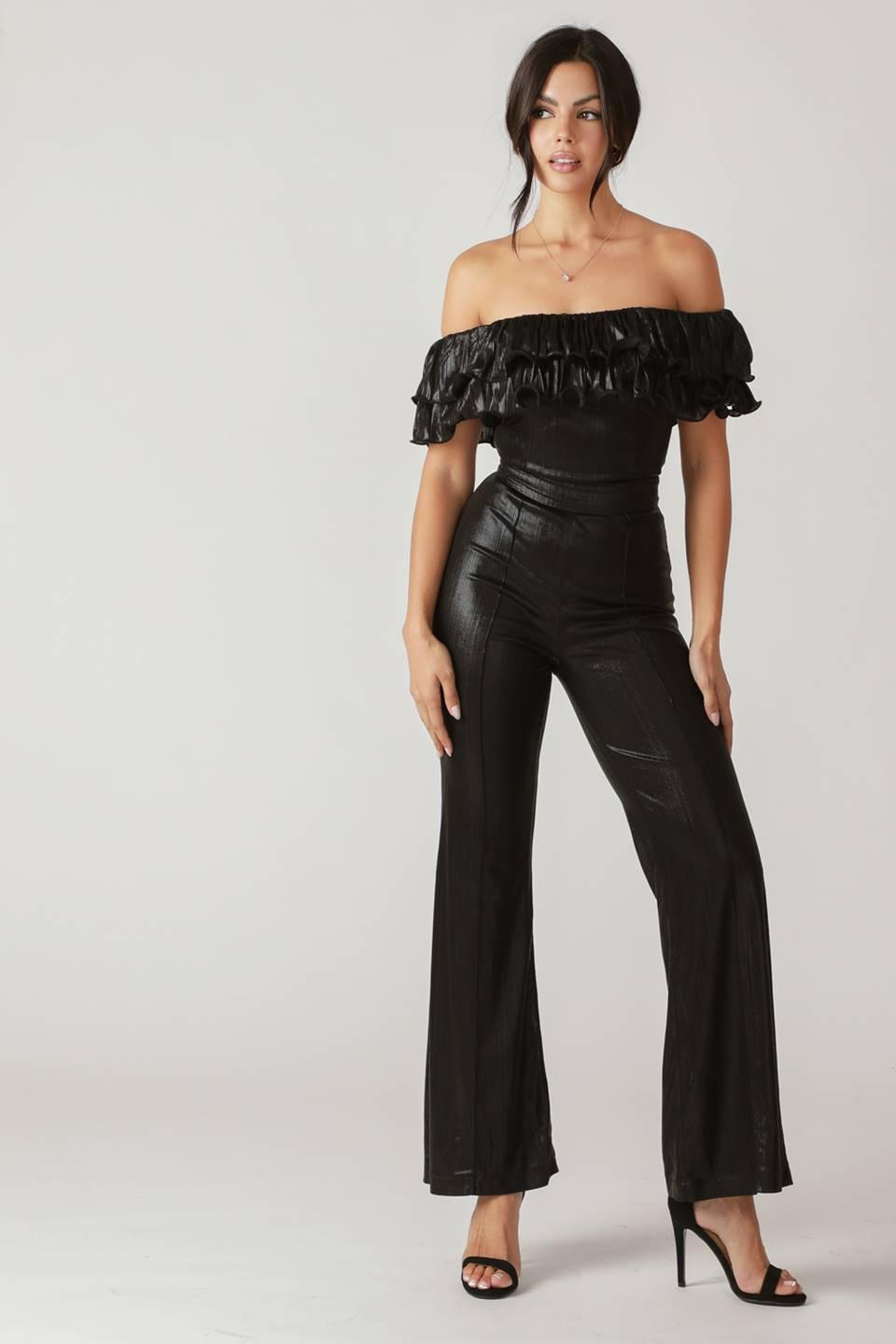 Front view of black Angel Eyes coated woven jumpsuit