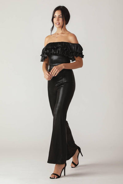 Side view of black Angel Eyes coated woven jumpsuit