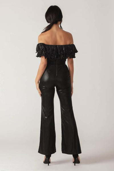 Back view of black Angel Eyes coated woven jumpsuit