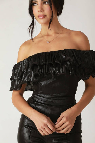 Detailed view of black Angel Eyes woven jumpsuit top