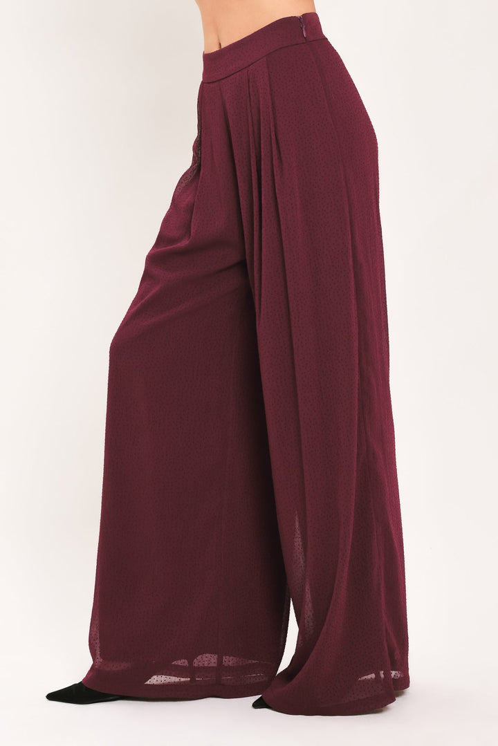 BORDEAUX SHEER DRAPE WOVEN WIDE LEG PANTS