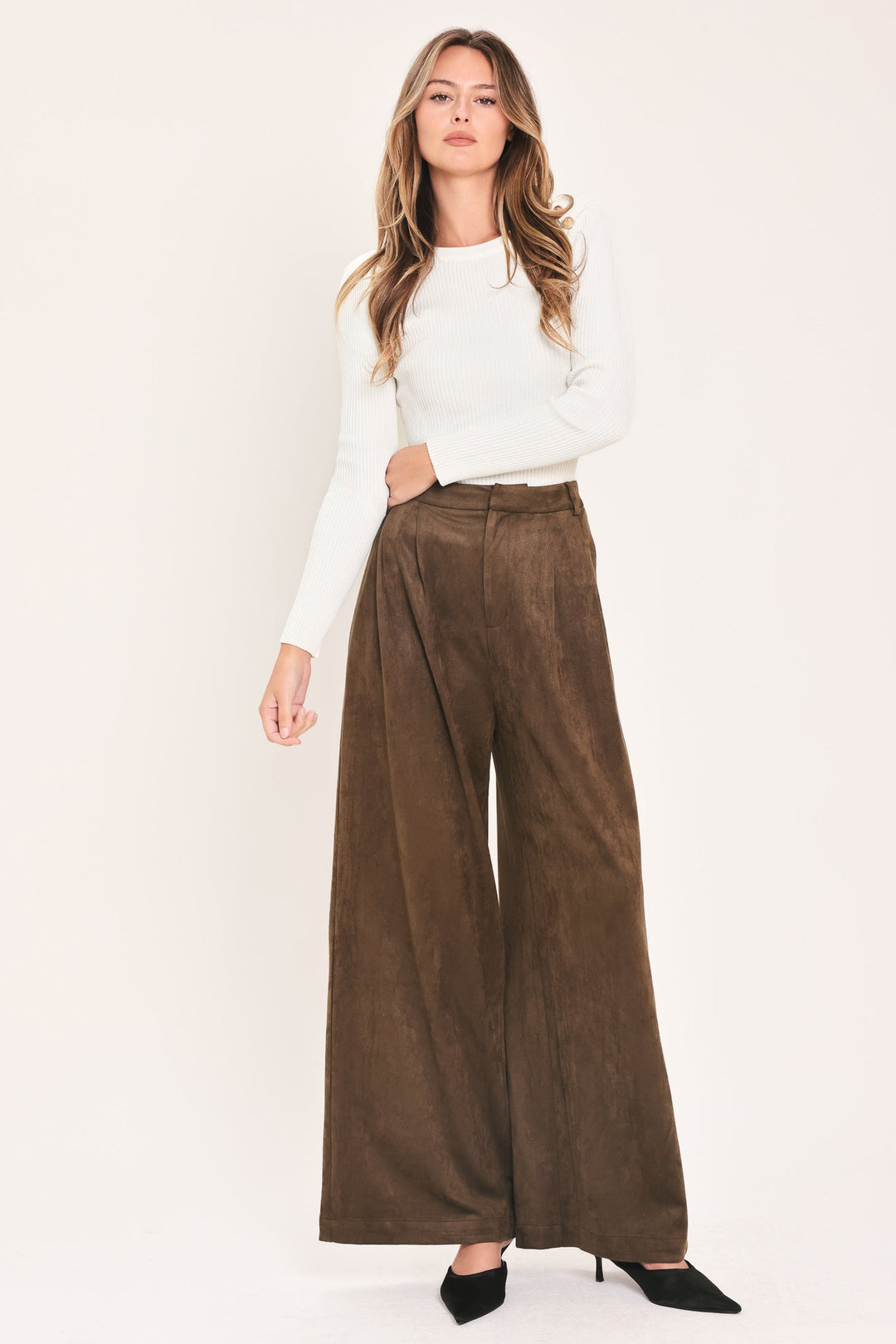 DESERT LUXE BROWN FAUX SUEDE WIDE-LEG PANTS