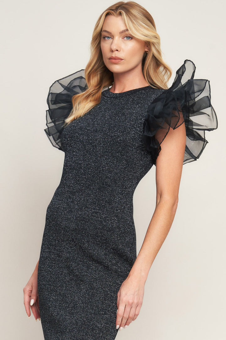 VOLUMINOUS POWER METALLIC MIDI DRESS