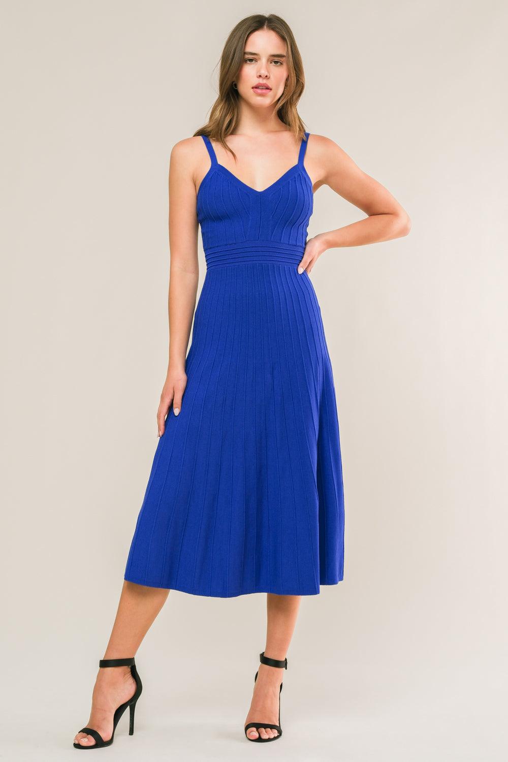 Front view of blue Breezy Walks knit midi dress