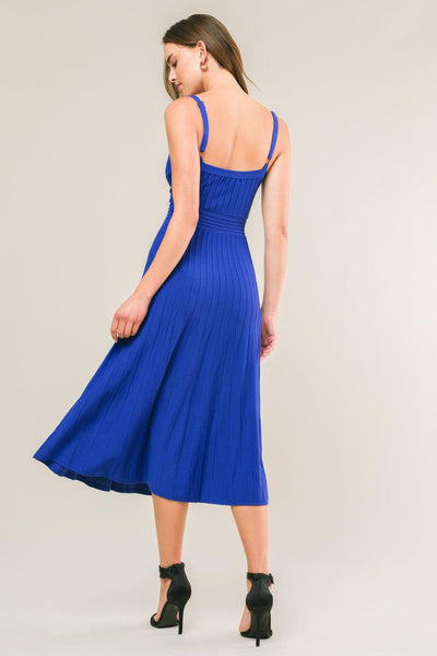 Back view of blue Breezy Walks knit midi dress