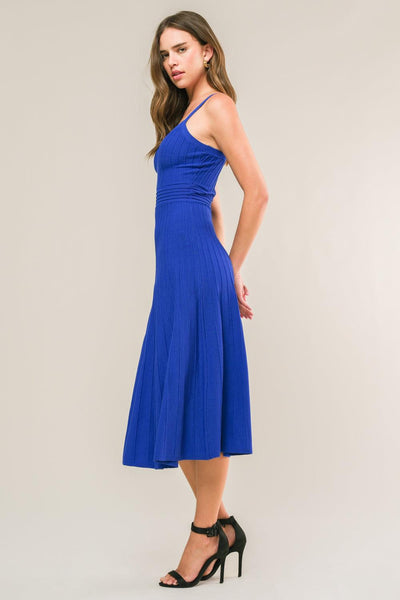 Side view of blue Breezy Walks knit midi dress