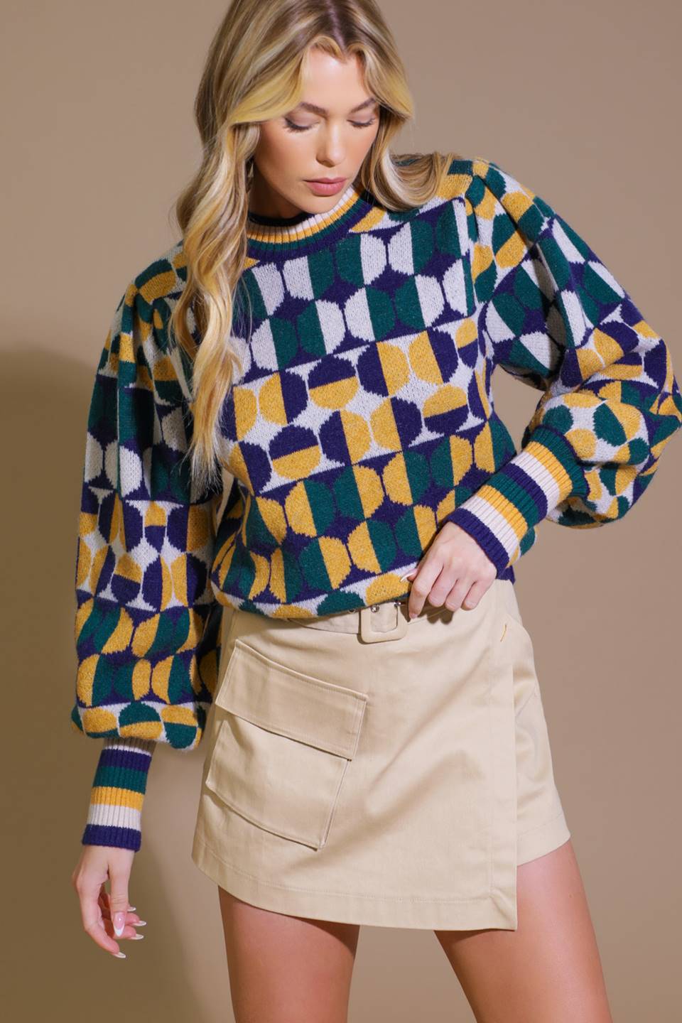 Close-up of colorful jacquard sweater with geometric design