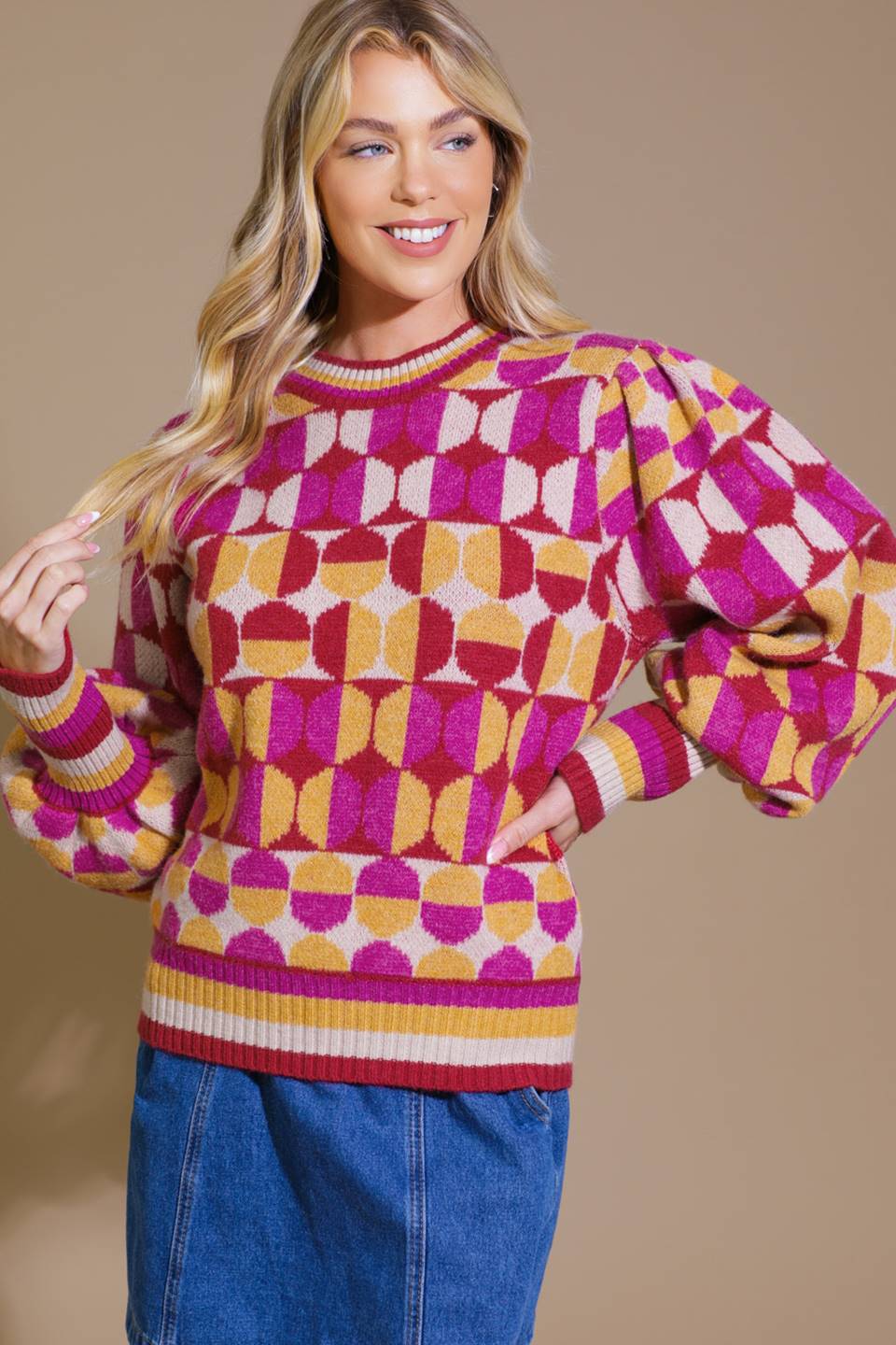 Colorful jacquard sweater with geometric pattern, front view