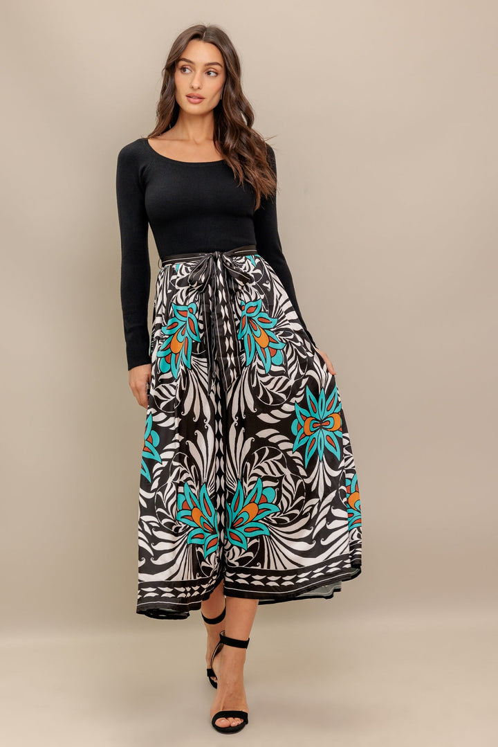 SUNBURST GARDEN BLACK MIDI DRESS