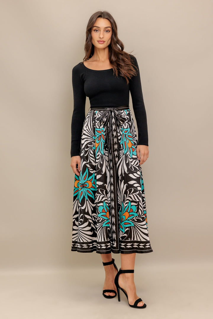 SUNBURST GARDEN BLACK MIDI DRESS