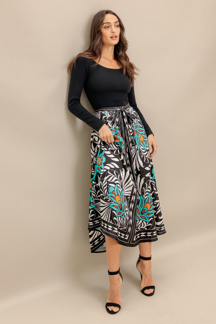 SUNBURST GARDEN BLACK MIDI DRESS