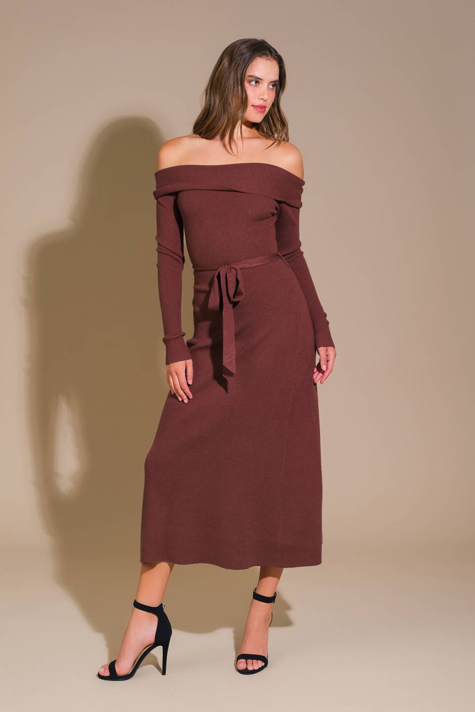 Brown off-shoulder sweater midi dress side view