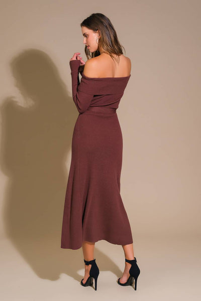 Back view of brown off-shoulder sweater midi dress