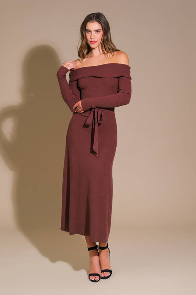 Brown off-shoulder sweater midi dress with belt