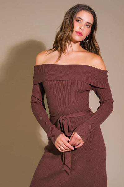 Close-up of brown off-shoulder sweater midi dress