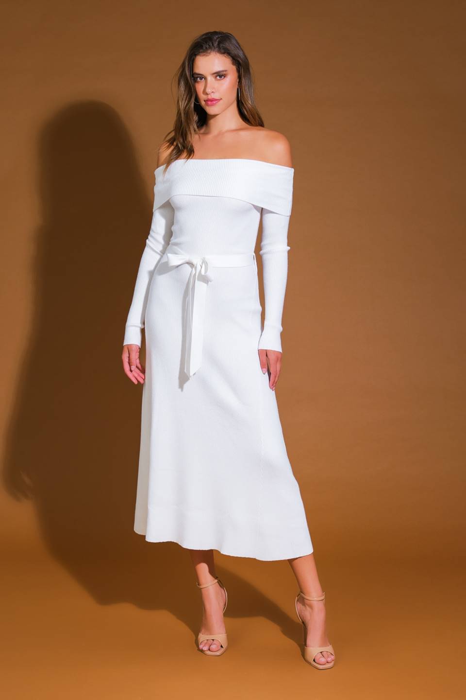 Ivory off-shoulder sweater midi dress with belt