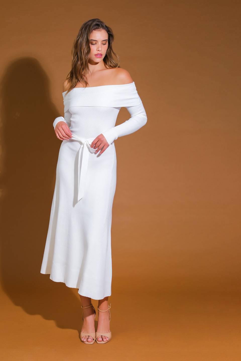 Ivory off-shoulder sweater midi dress front view