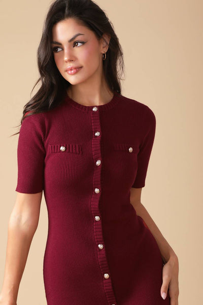 Close-up of Burgundy Urban Elegance Sweater Midi Dress