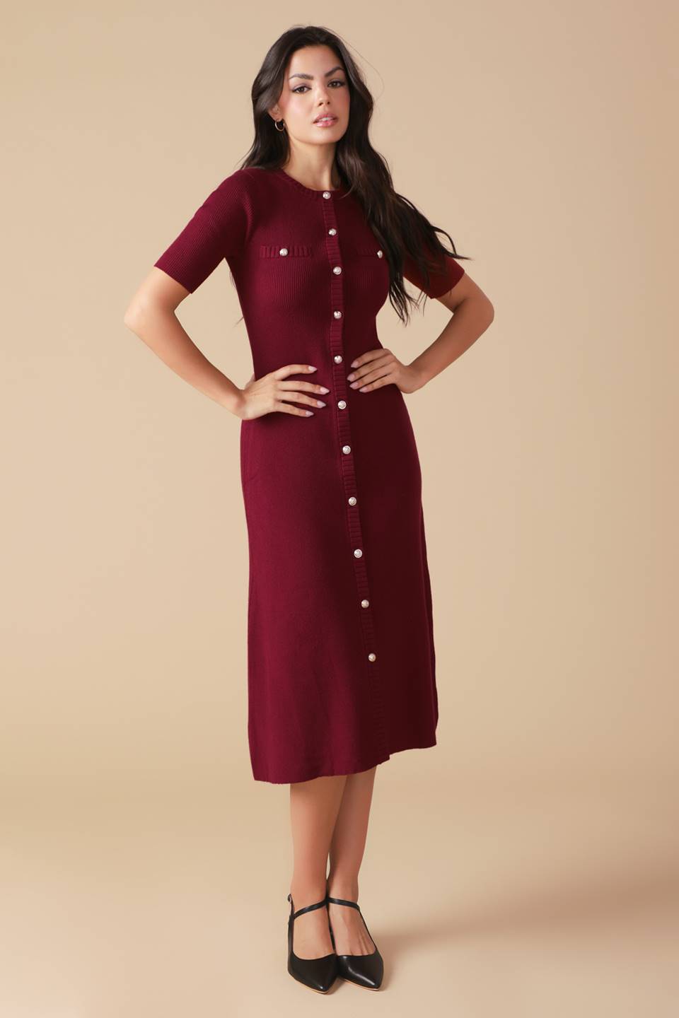 Burgundy Urban Elegance Sweater Midi Dress front view