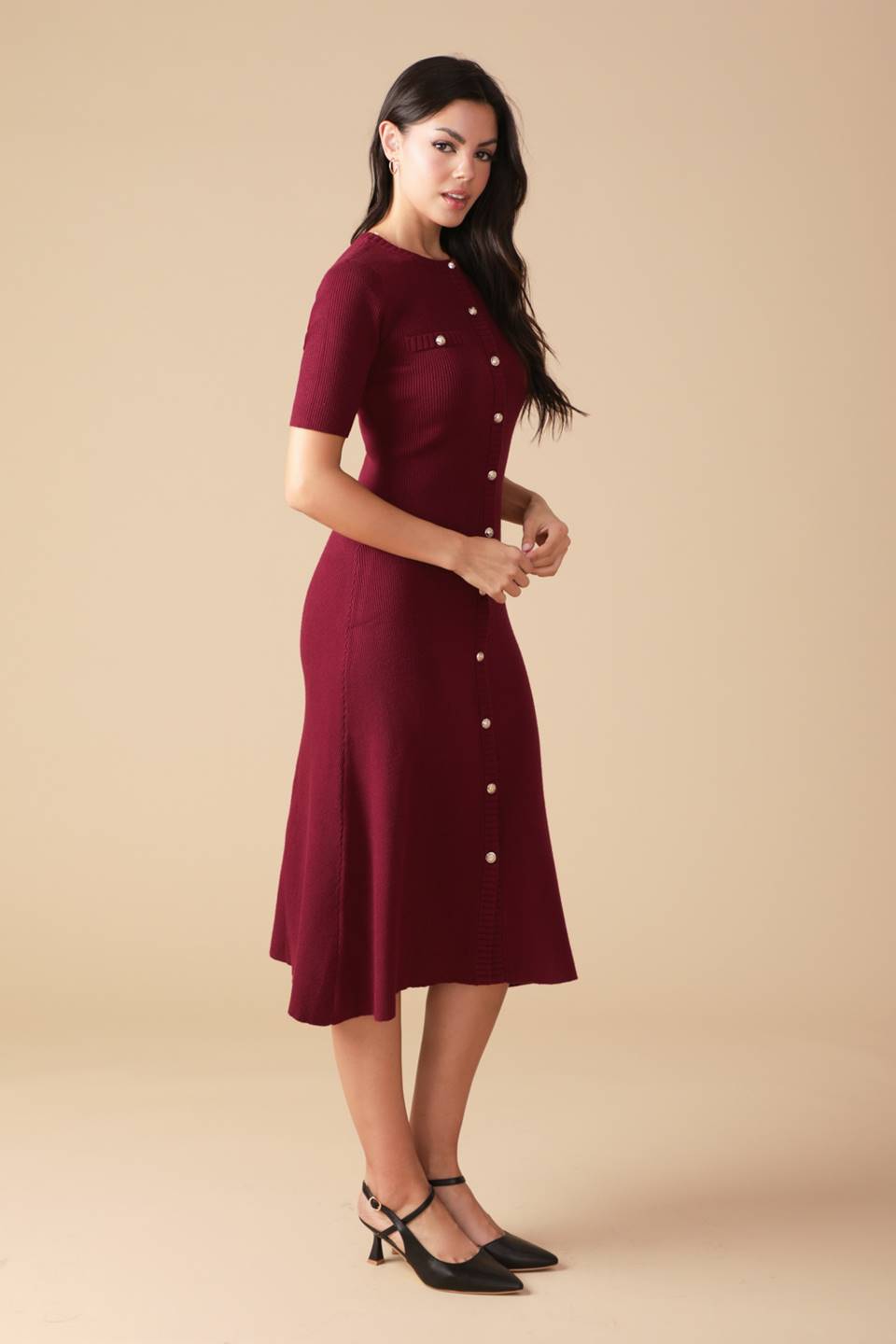 Burgundy Urban Elegance Sweater Midi Dress side view