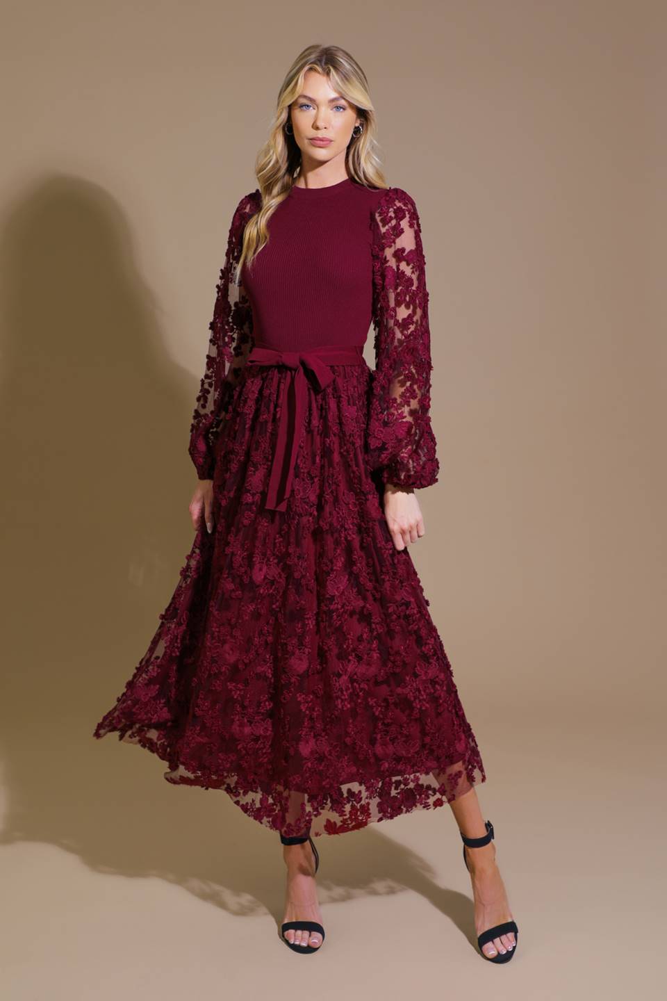 STAY HAPPY LACE SWEATER MIDI DRESS