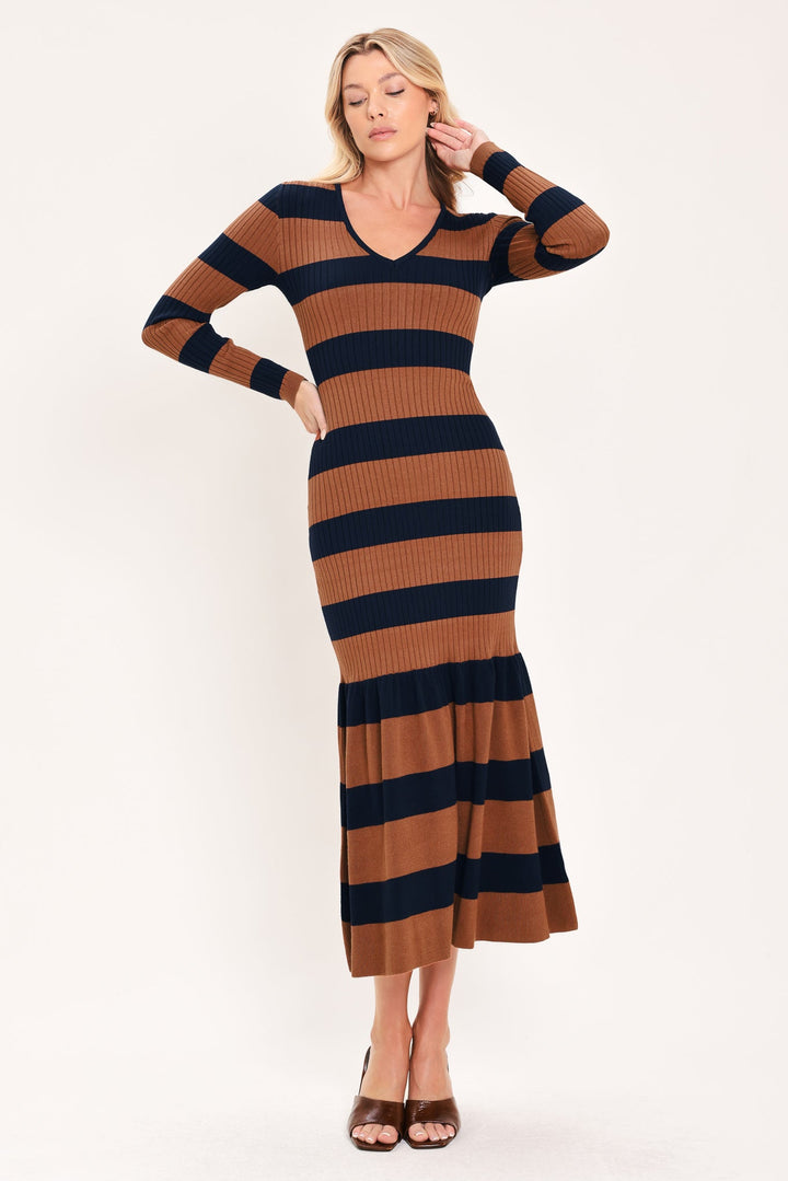 COGNAC NAVY RHYTHM SWEATER KNIT MIDI MERMAID DRESS