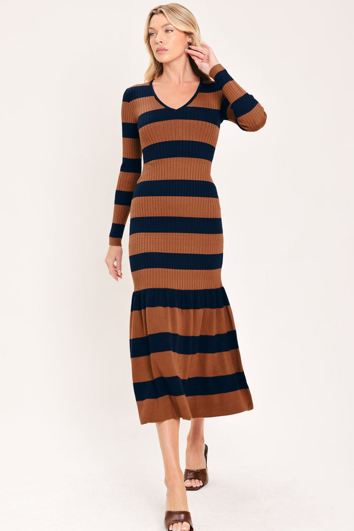 COGNAC NAVY RHYTHM SWEATER KNIT MIDI MERMAID DRESS