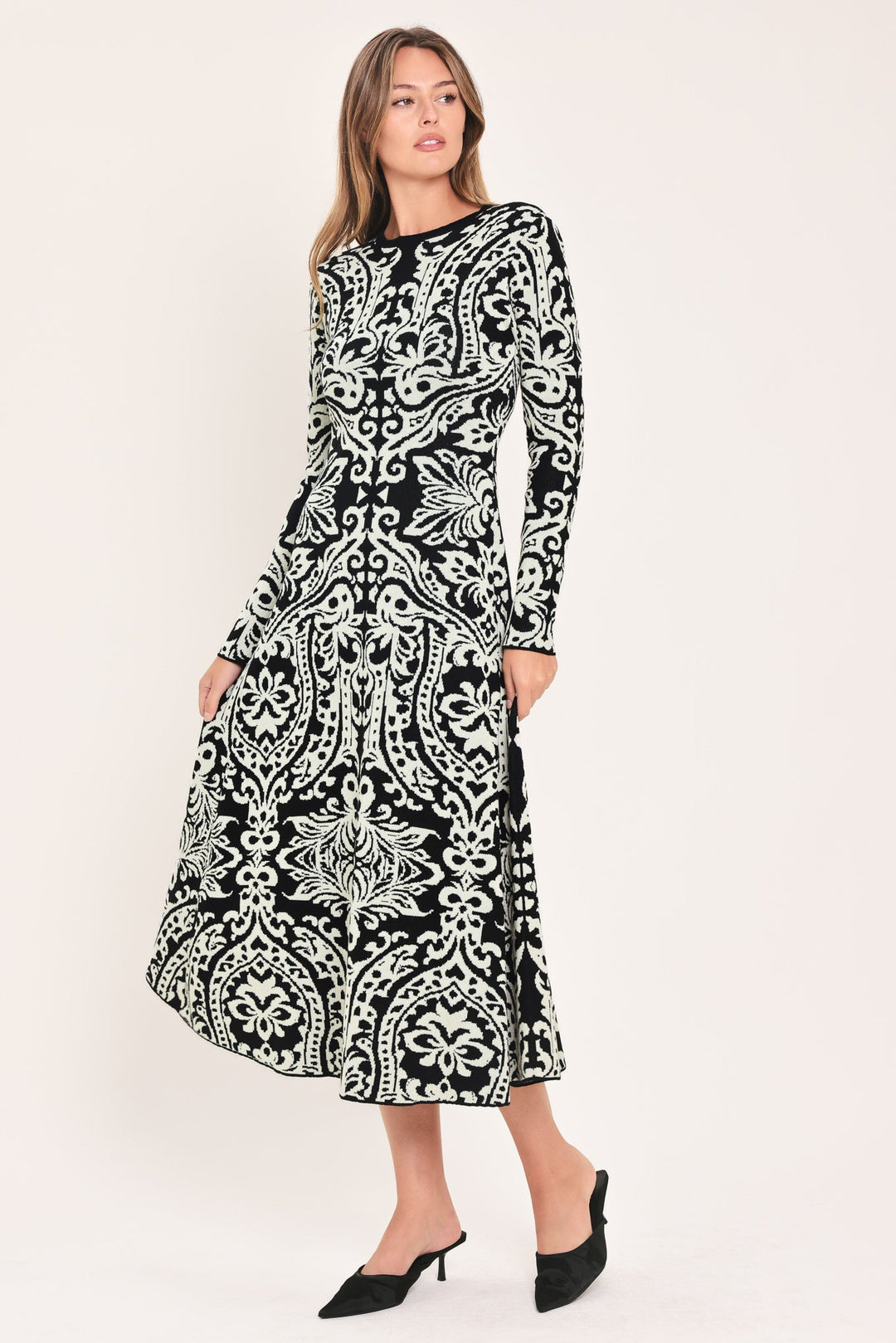 MIDNIGHT MUSE BLACK JACQUARD SWEATER MIDI DRESS