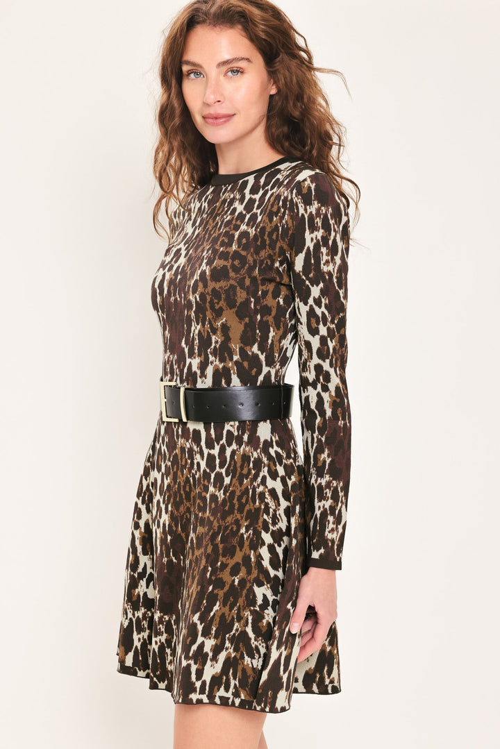 WILDLY POLISHED LEOPARD BELTED SWEATER MINI DRESS