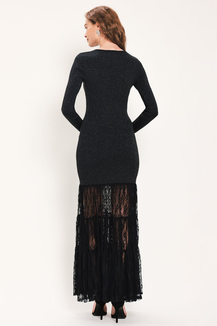 MIDNIGHT SHIMMER BLACK METALLIC LACE-HEM SWEATER MAXI DRESS