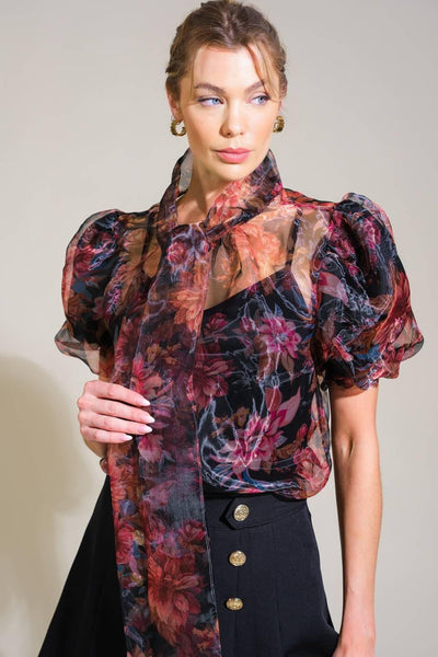 Seaside Serenity floral woven top with puff sleeves, front view