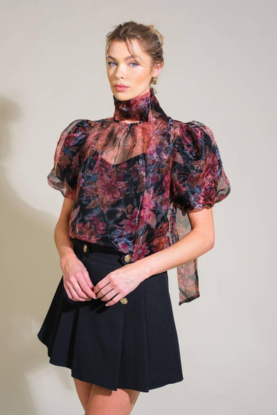 Seaside Serenity floral woven top, styled with black skirt