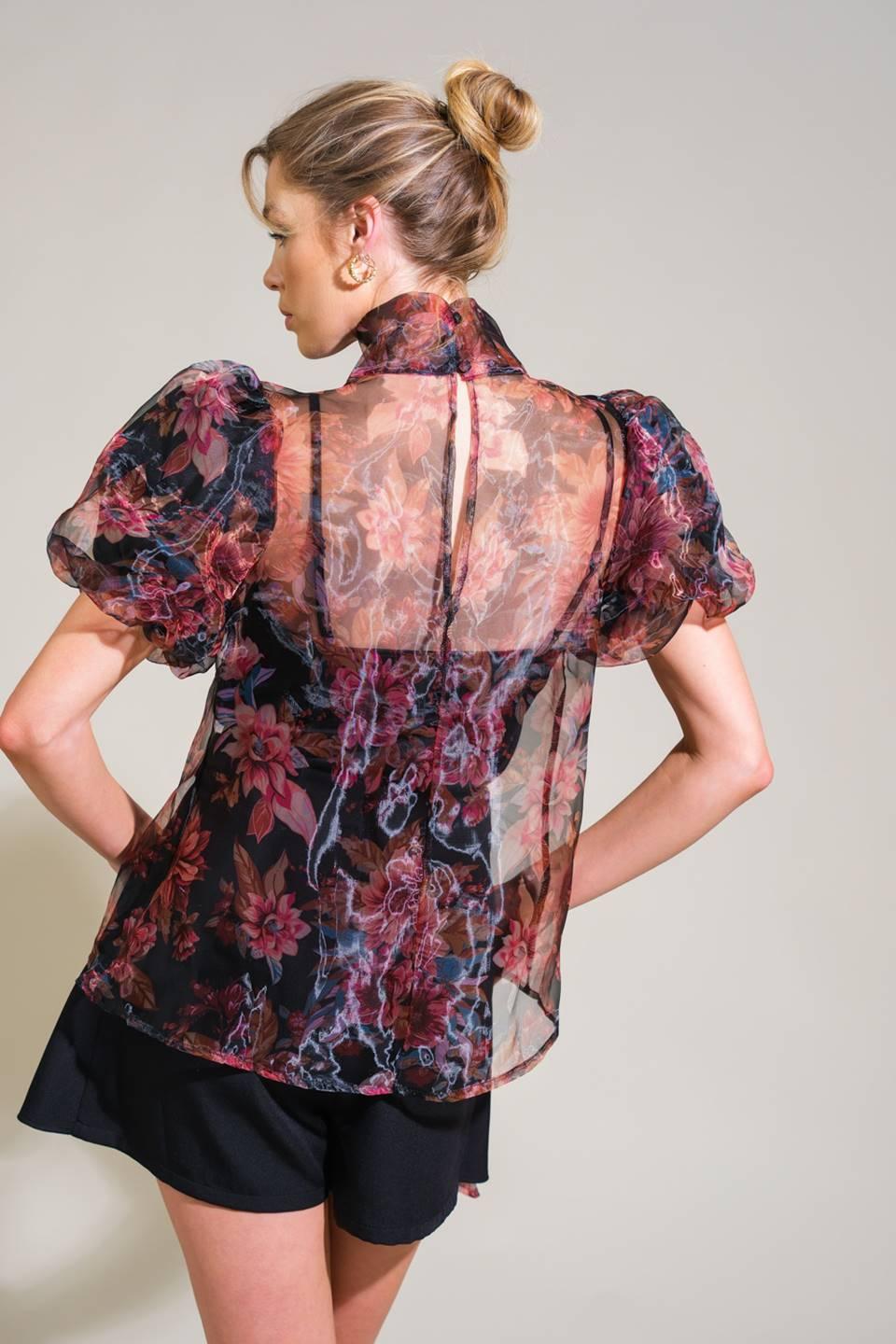 Seaside Serenity floral woven top with puff sleeves, back view