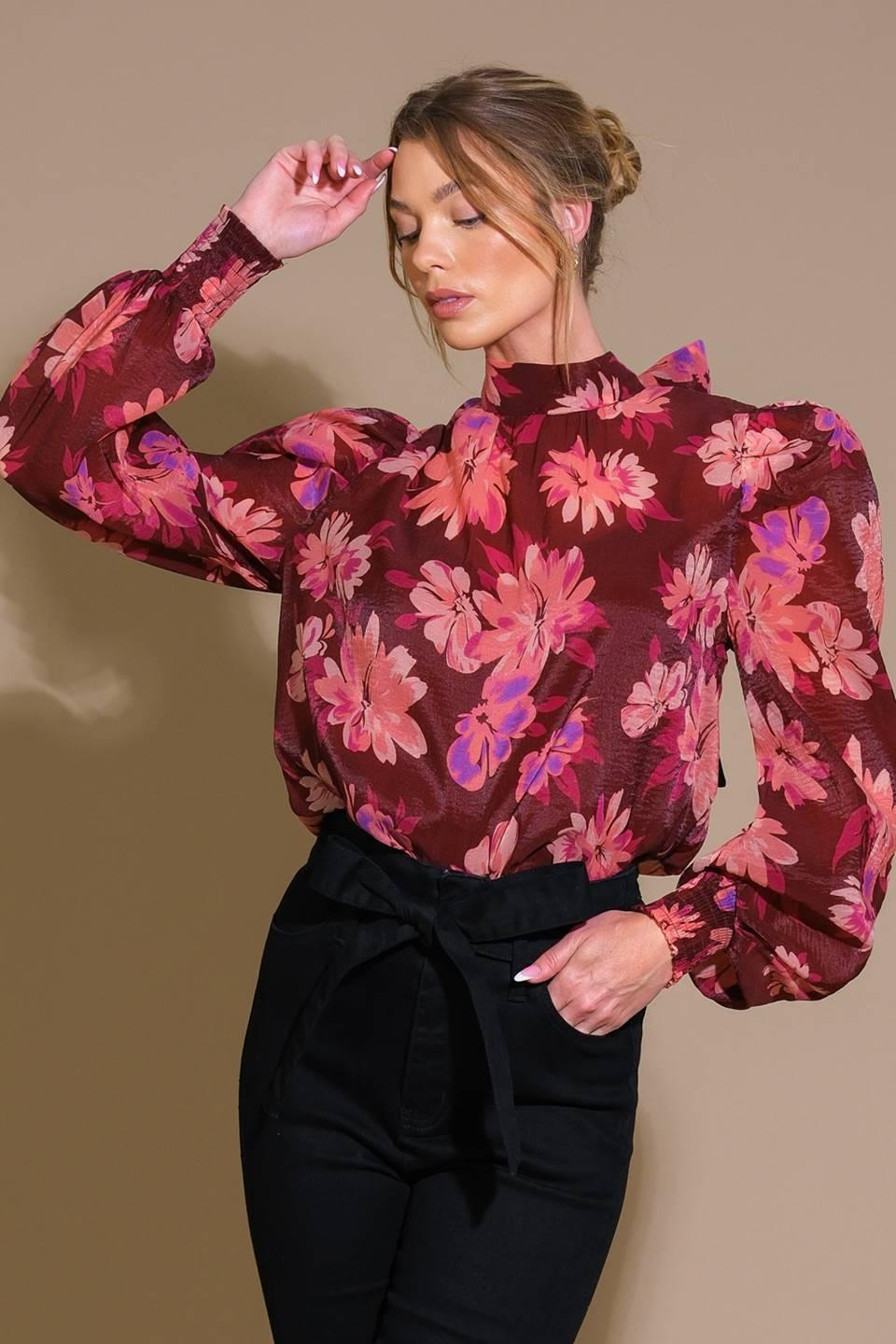 Burgundy floral woven top with puff sleeves, front view