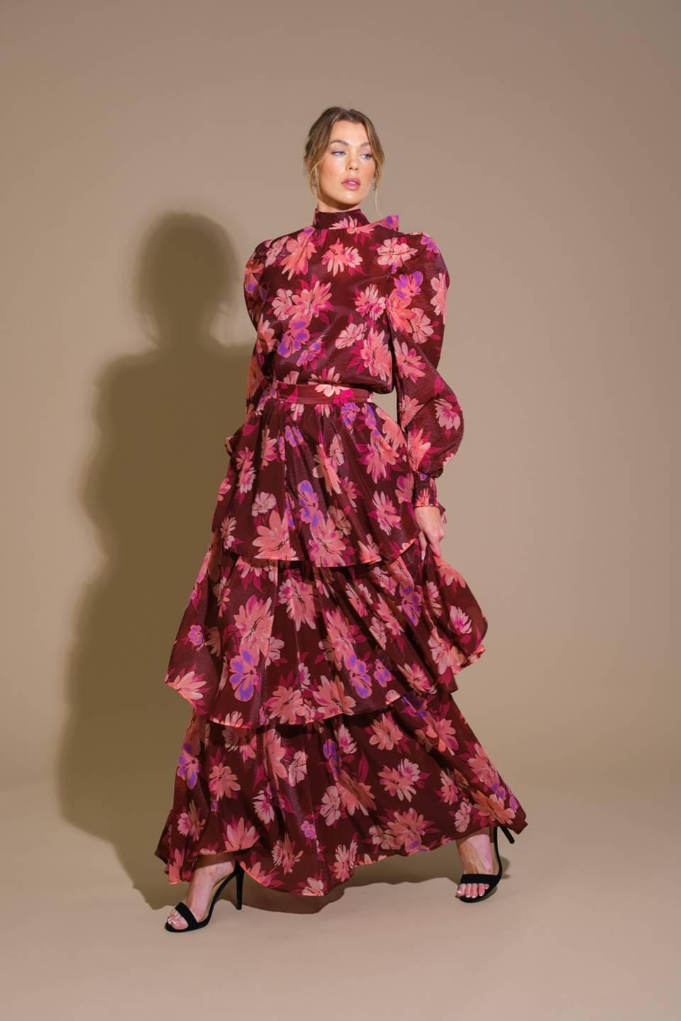 Burgundy floral woven top with matching tiered skirt