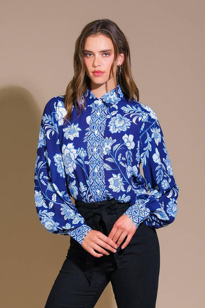 Navy floral woven top with long sleeves, front view