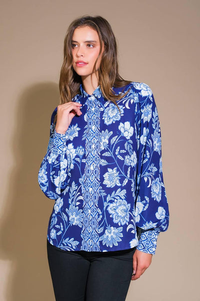 Navy floral woven top with intricate patterns, front view