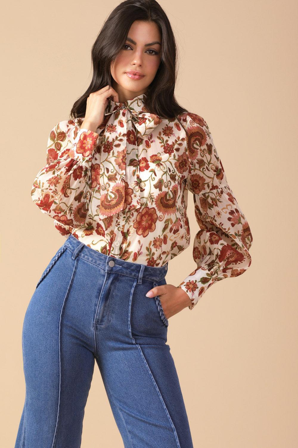 Ivory floral woven blouse with puff sleeves, front view