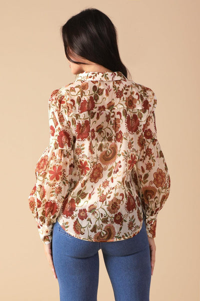 Ivory floral woven blouse with puff sleeves, back view