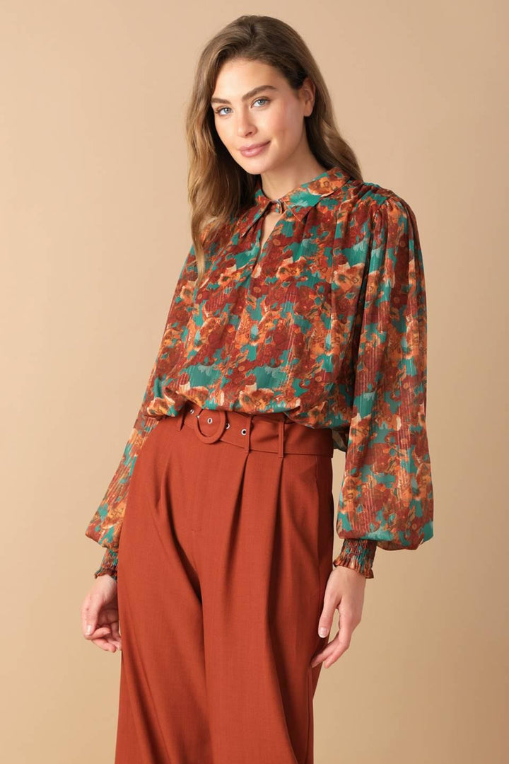 NOSTALGIC TEAL BROWN WOVEN TOP